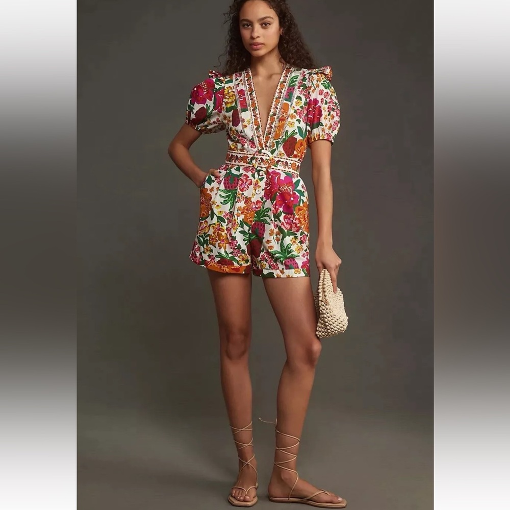 FARM RIO Anthropologie Romper Floral White NWT